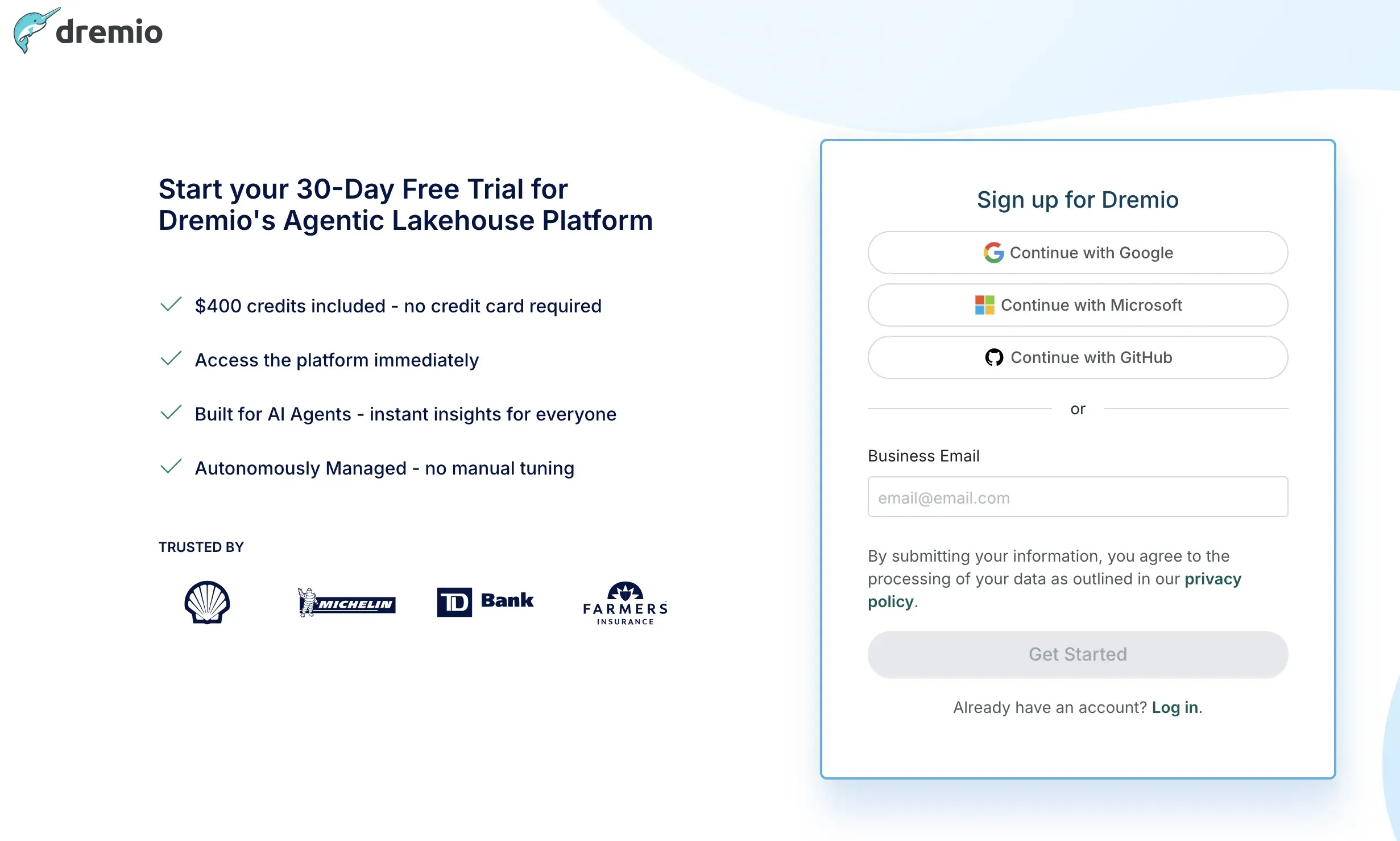 Getting Started Page with Dremio