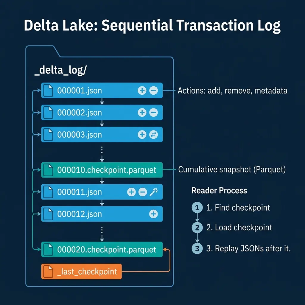 Delta Lake's transaction log structure with JSON commits, Parquet checkpoints, and the reader process