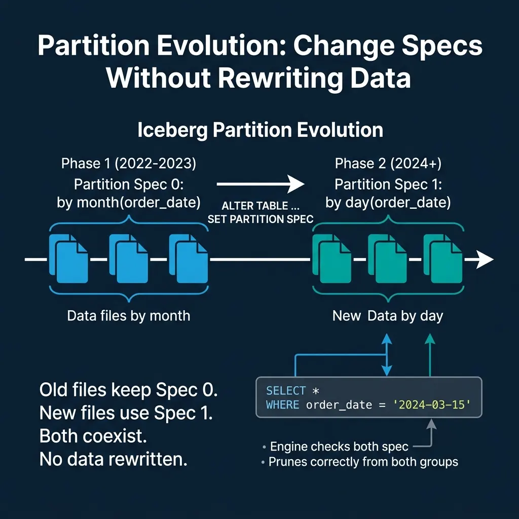 Iceberg partition evolution showing how old and new partition specs coexist without rewriting data