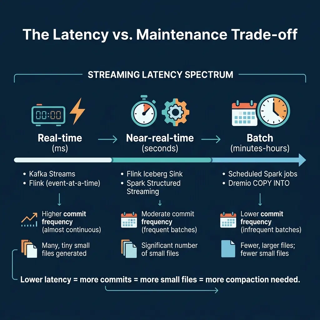The spectrum from real-time to batch showing how latency affects small file production