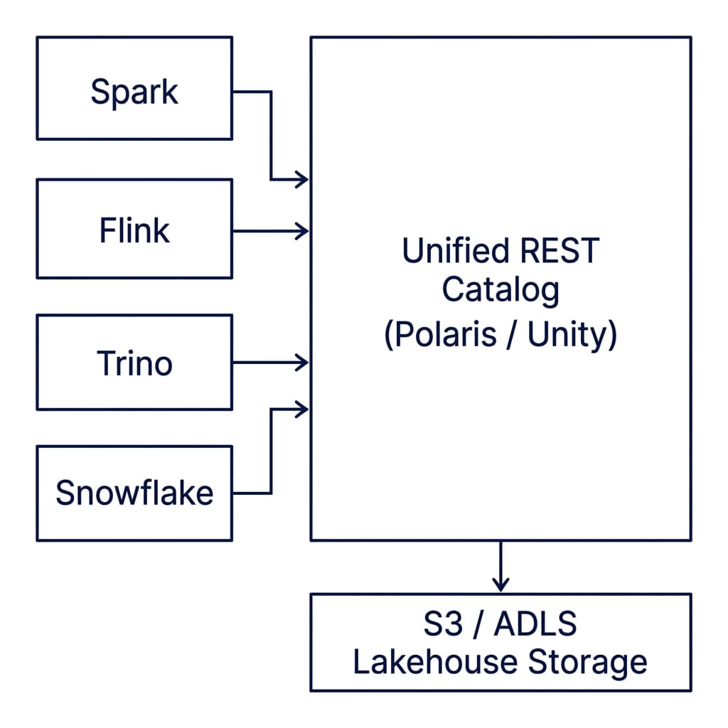 Architecture diagram showing multiple engines like Spark, Flink, Trino, and Snowflake communicating with a unified Iceberg REST Catalog control plane which delegates to S3 storage