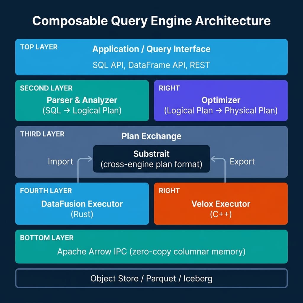 Layered architecture diagram showing composable query engine stack with application interface at top, parser and optimizer in second layer, Substrait plan exchange in the middle, DataFusion Rust and Velox C++ executors in fourth layer, Apache Arrow IPC below, and object store/Parquet/Iceberg at the bottom