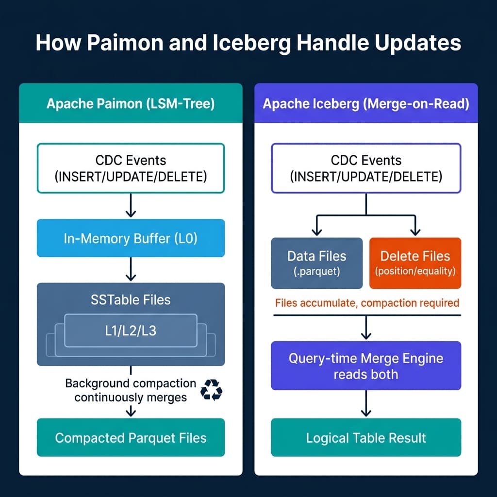 Architecture diagram comparing Paimon LSM-tree with in-memory buffer, SSTable file levels, and background compaction against Iceberg merge-on-read with separate data files and delete files requiring query-time merge