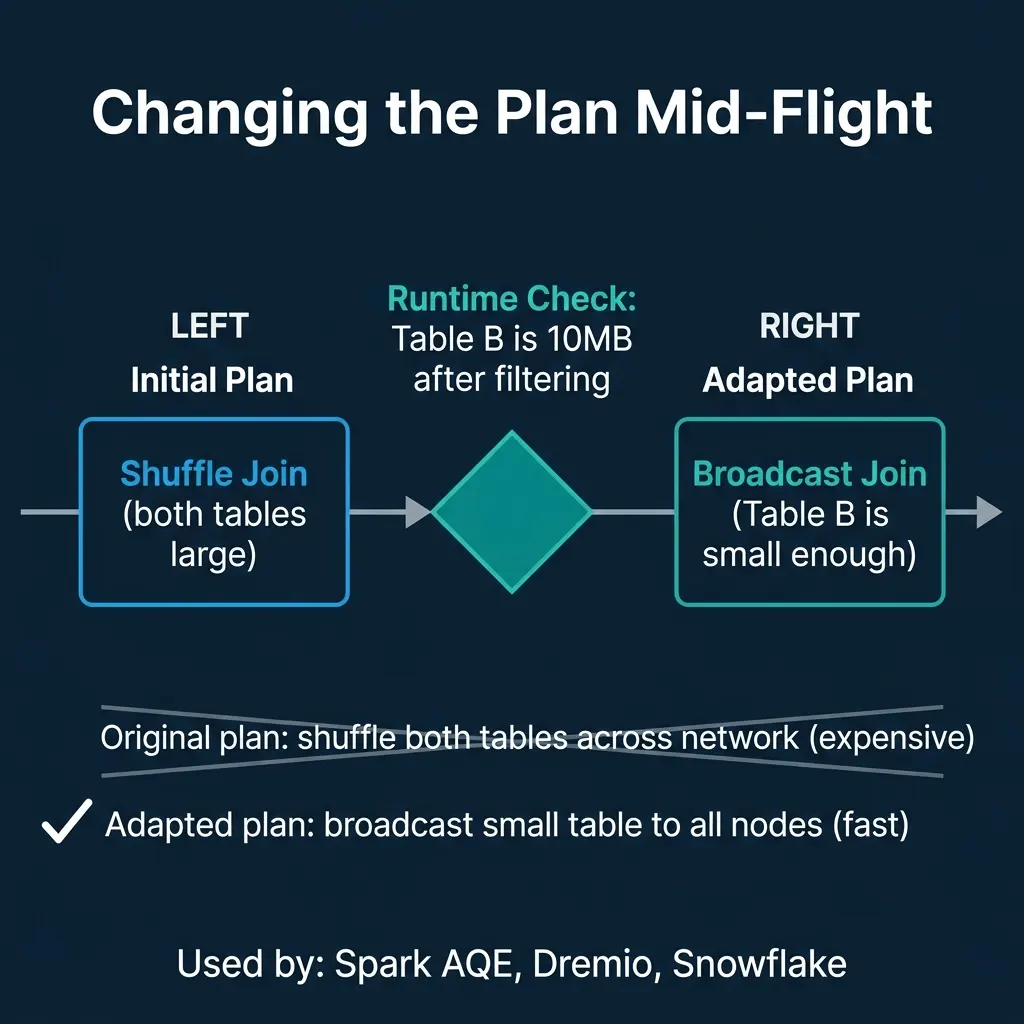 Adaptive query execution changing a shuffle join to a broadcast join mid-flight based on actual data sizes