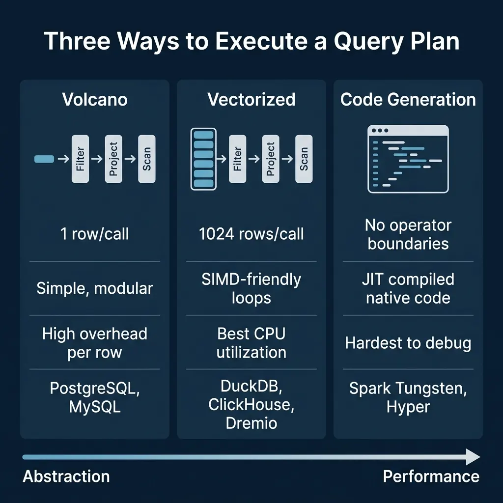 Three execution models compared: Volcano for simplicity, Vectorized for CPU efficiency, Code Generation for maximum performance