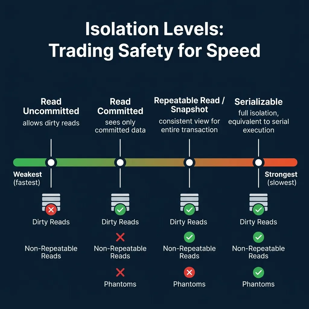 Isolation level spectrum from Read Uncommitted (weakest, fastest) to Serializable (strongest, slowest)