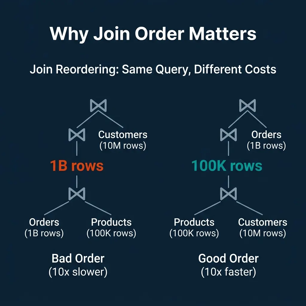 Join reordering showing how the same three-table query can be 10x faster or slower depending on which tables are joined first