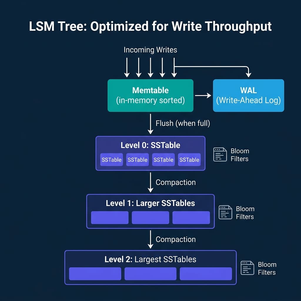 LSM tree write path from memtable through WAL flush to SSTables across multiple levels with compaction