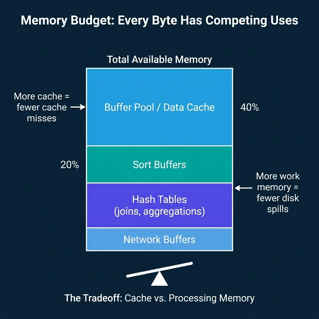 How engines divide available memory between data cache, sort buffers, hash tables, and network buffers