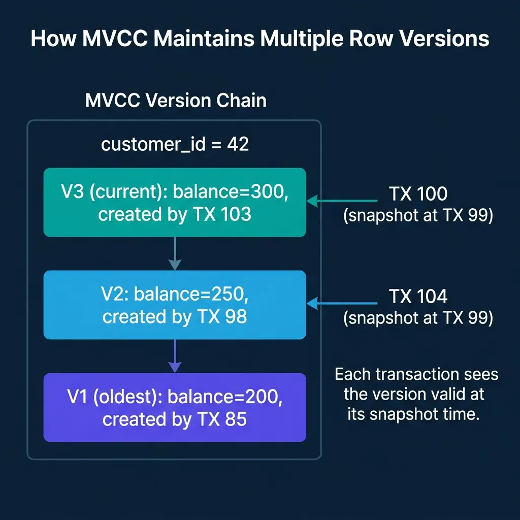 MVCC version chain showing three versions of the same row with different transactions seeing different versions