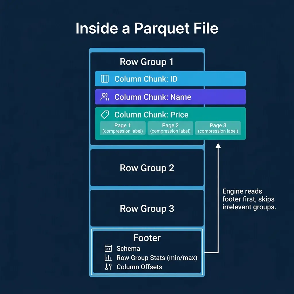 Anatomy of a Parquet file showing row groups, column chunks, pages, and the footer with schema and statistics
