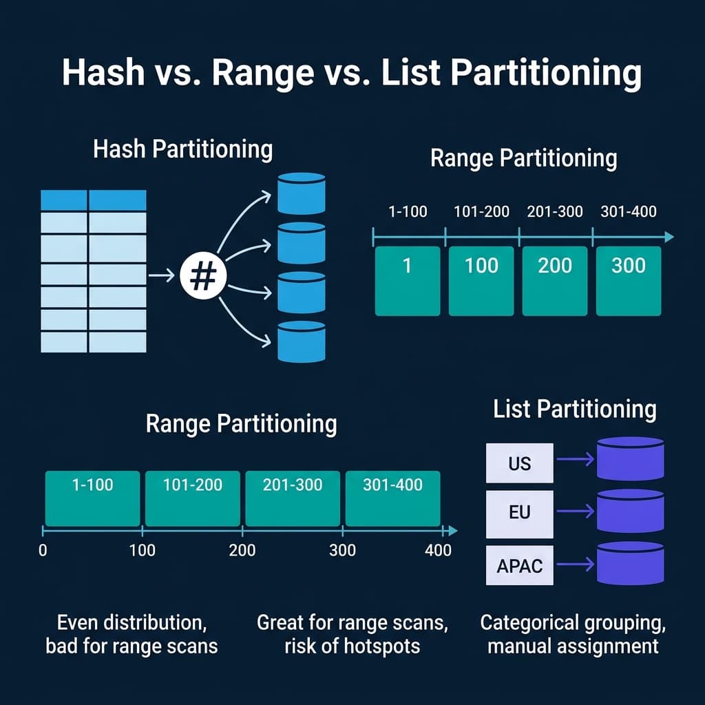 Hash, range, and list partitioning strategies showing how the same data is distributed differently