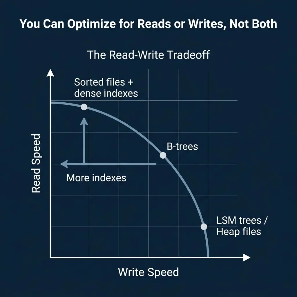 The read-write tradeoff showing how sorted files with dense indexes optimize reads while LSM trees and heap files optimize writes