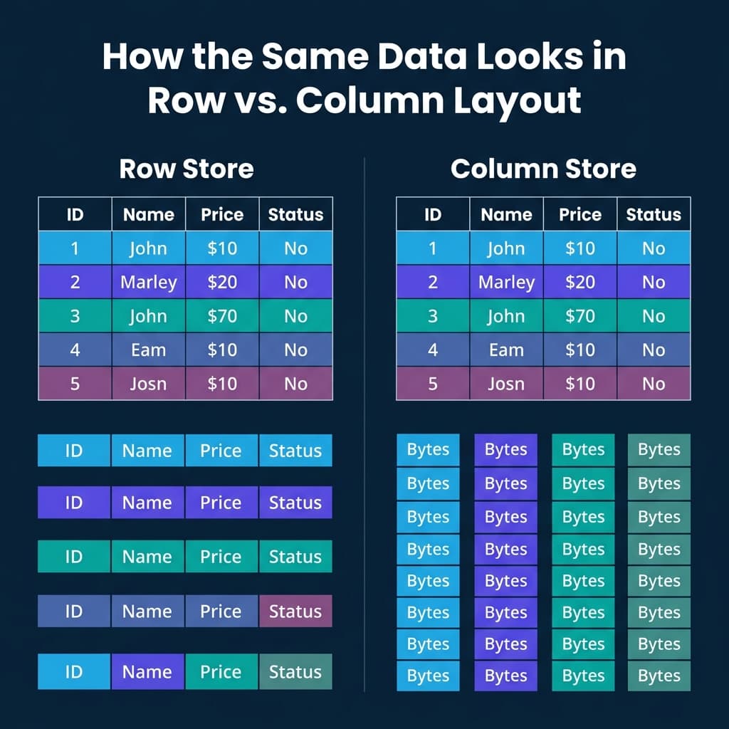 How the same 5 records look in row-oriented layout versus column-oriented layout on disk