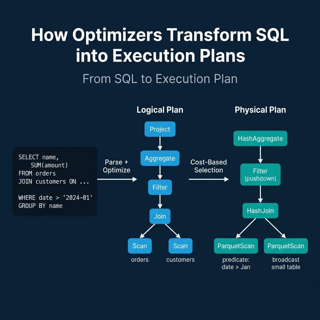 How optimizers transform SQL through logical and physical plan stages into an execution plan