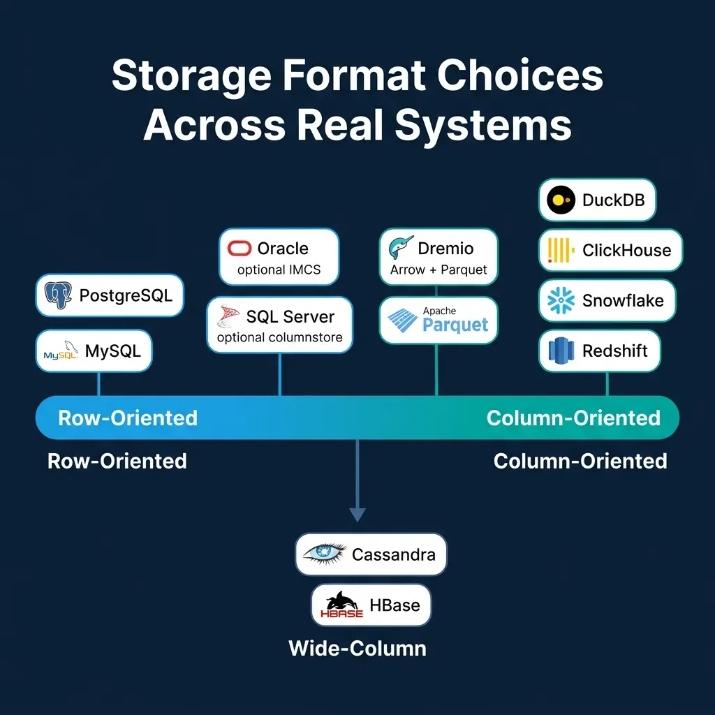 Storage format choices across real systems from row-oriented PostgreSQL to column-oriented DuckDB, ClickHouse, Snowflake, and Dremio