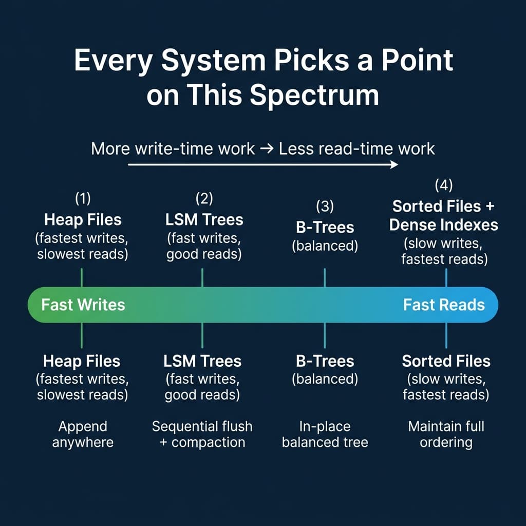 The write speed vs read efficiency spectrum showing heap files, LSM trees, B-trees, and sorted files
