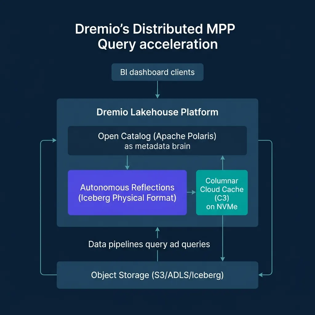 Dremio MPP query engine architecture showing Columnar Cloud Cache on NVMe, Iceberg-based Autonomous Reflections, Open Catalog powered by Polaris, and Arrow Flight client streaming