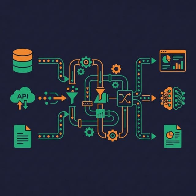 Data flowing through a system of interconnected pipeline stages from sources to consumers
